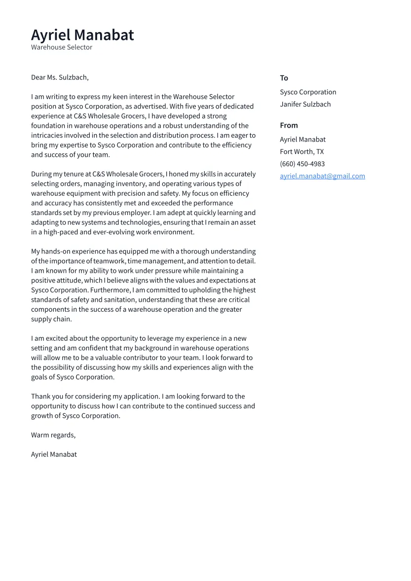 42318 warehouse associate cover letter