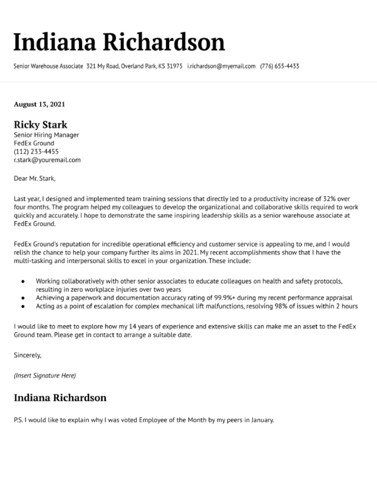 42318 warehouse manager cover letter