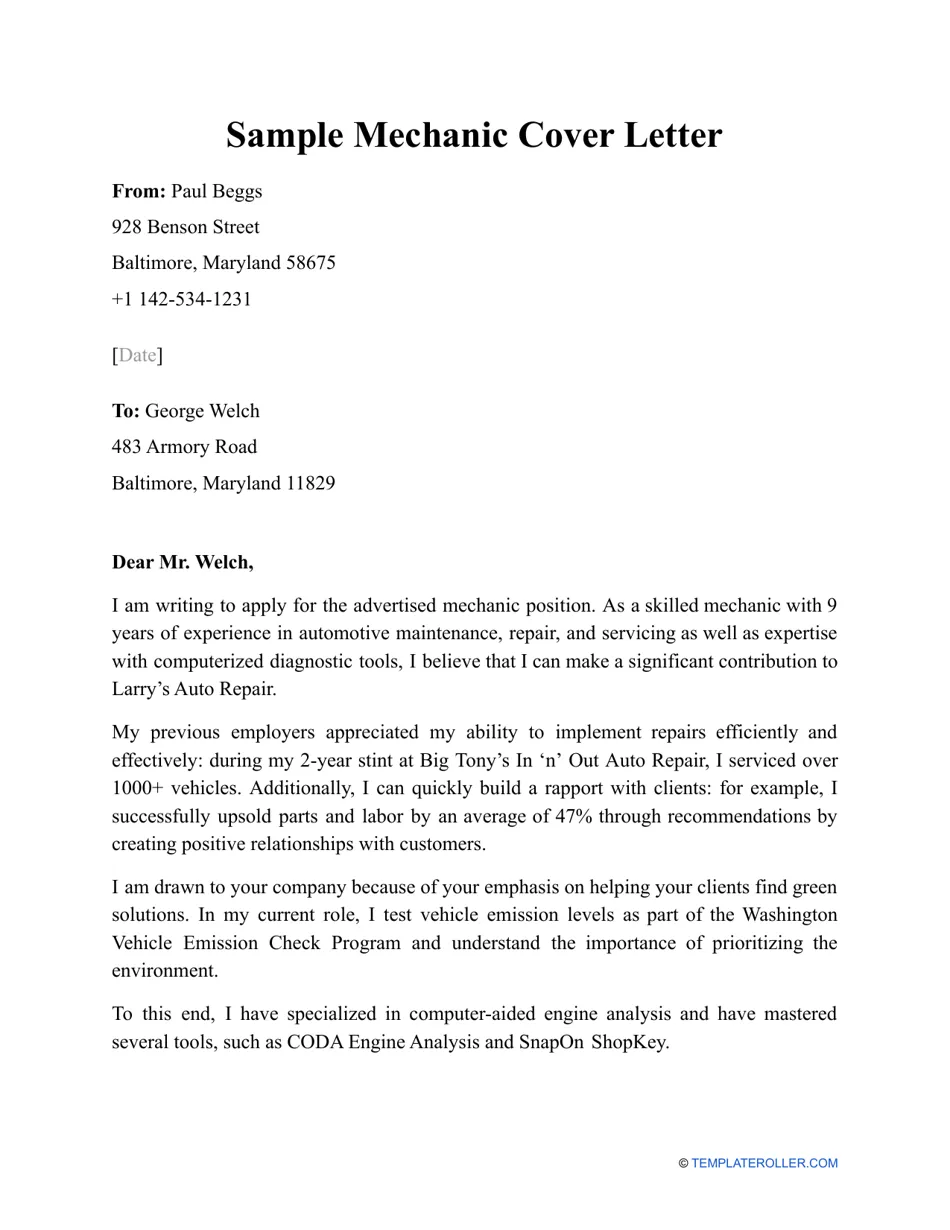 42399 mechanic cover letter structure