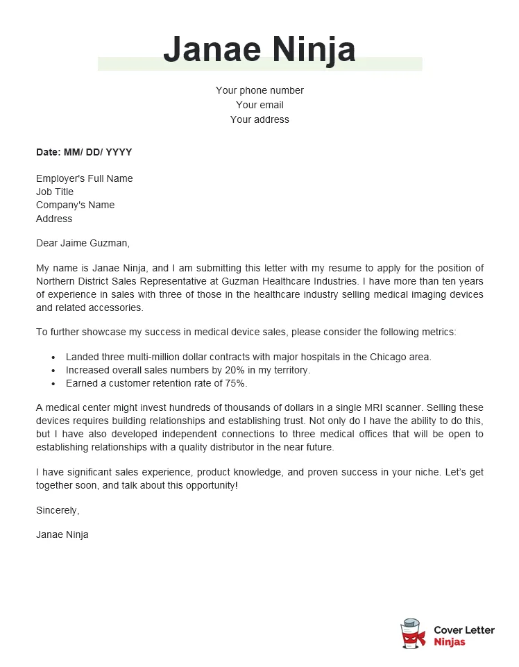 42428 medical sales cover letter example