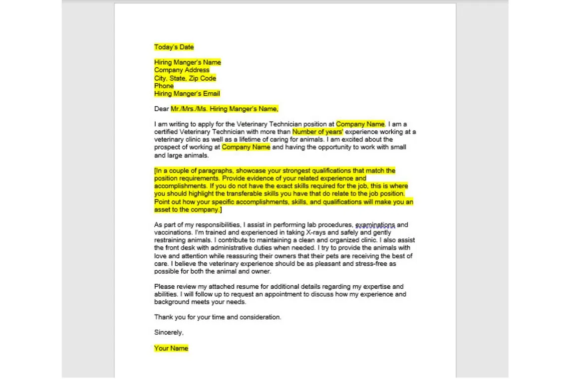 42449 veterinary cover letter achievements