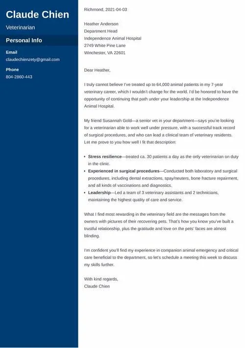 42449 veterinary cover letter components