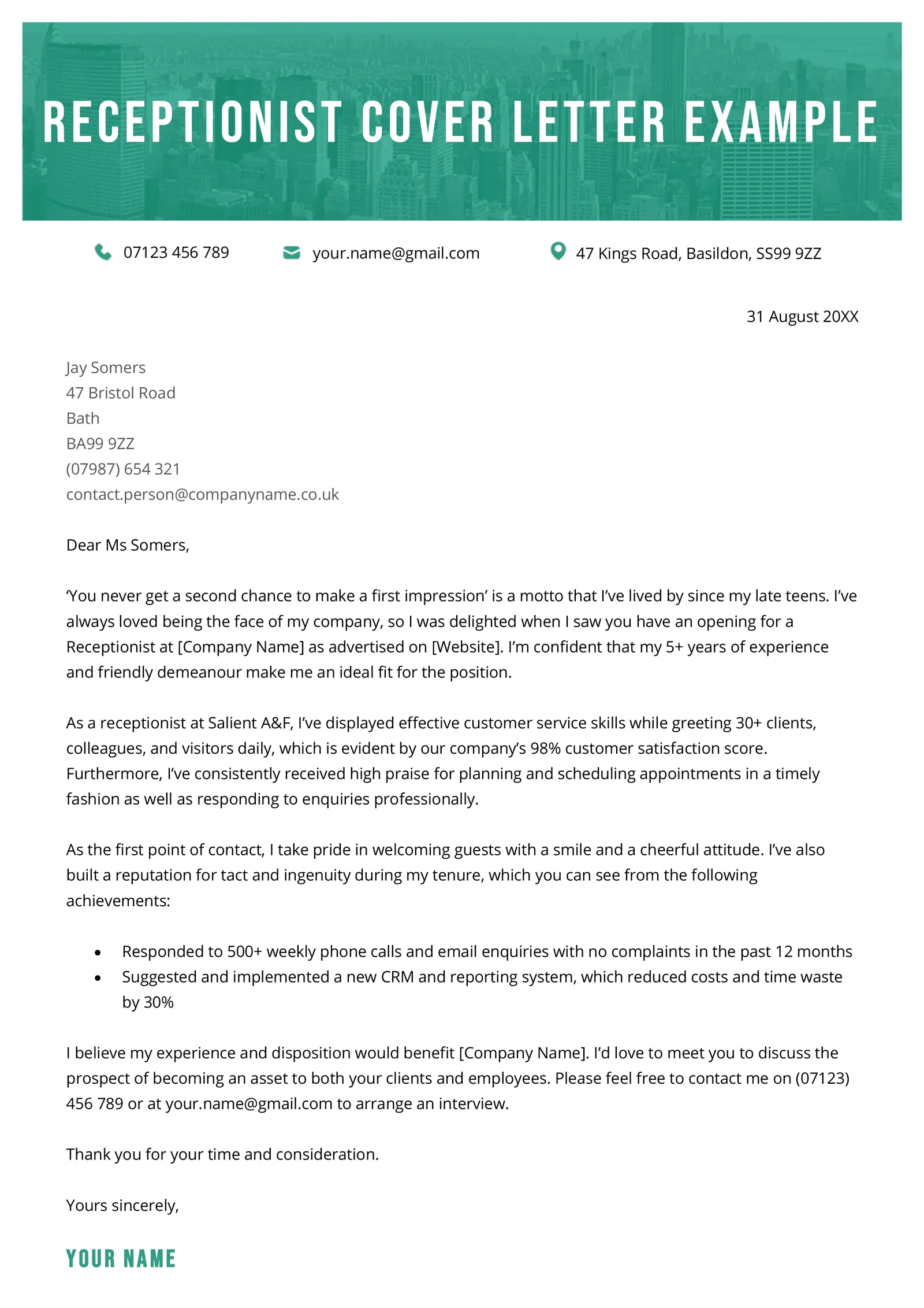 42462 receptionist cover letter template