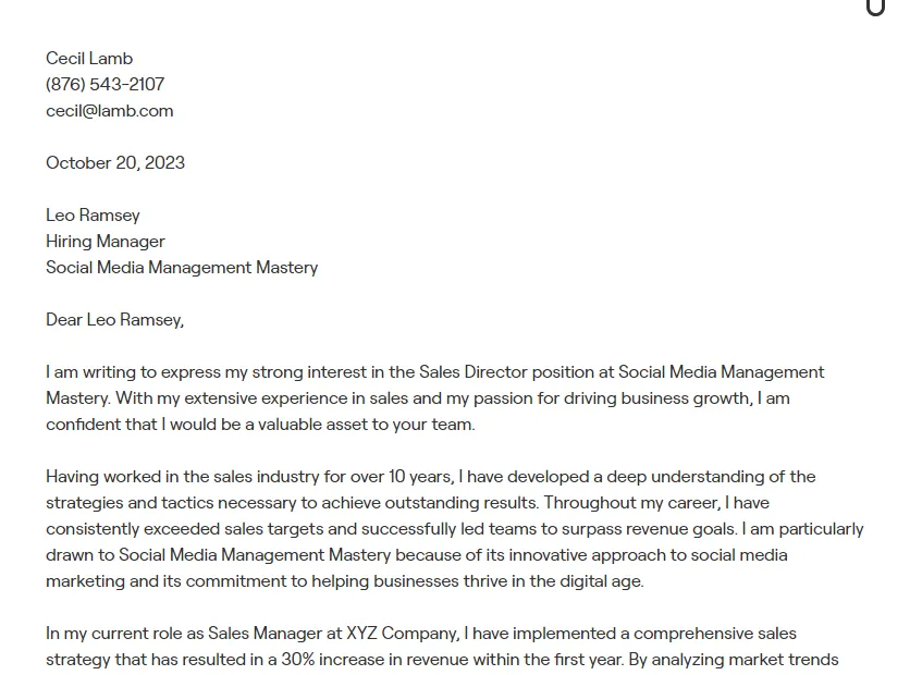 43662 director of sales cover letter formatting