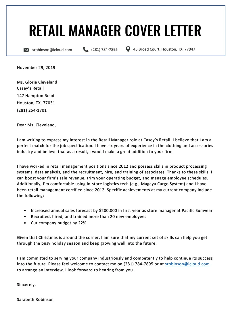 43668 retail supervisor cover letter