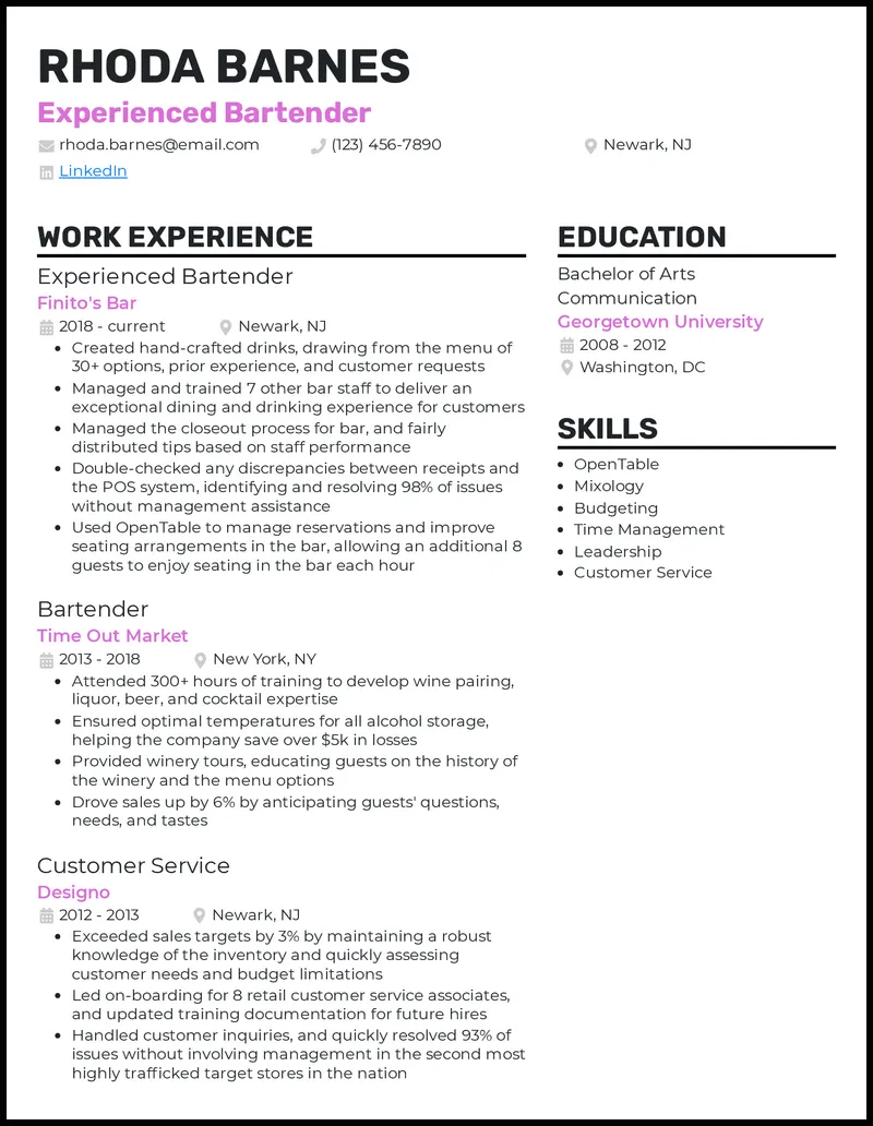 43767 bartender resume example
