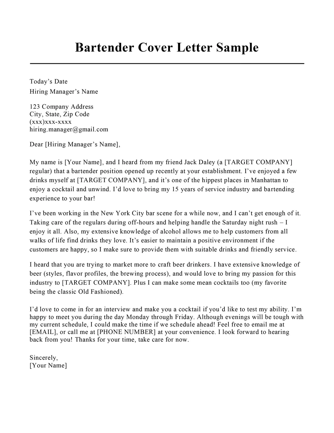 43767 bartending cover letter tips